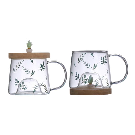 Caneca de Vidro com Pires Suculenta 350ml