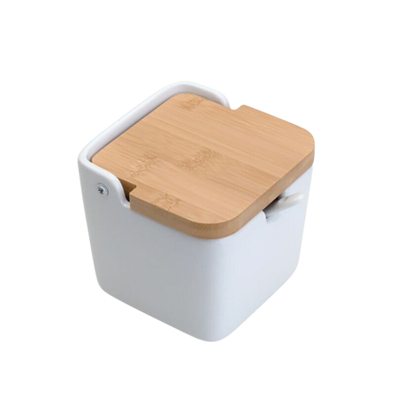 Saleiro de Mesa Cerâmica com Tampa de Bambu e Colher Branca 8,5 x 9 cm