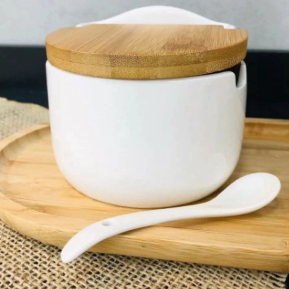 Saleira de Mesa com Tampa de Bambu e Colher