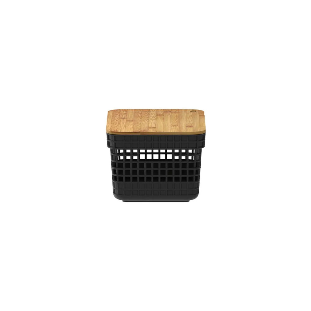 Cesto Organizador Grid Preto com Tampa De Bambu 2,5 L