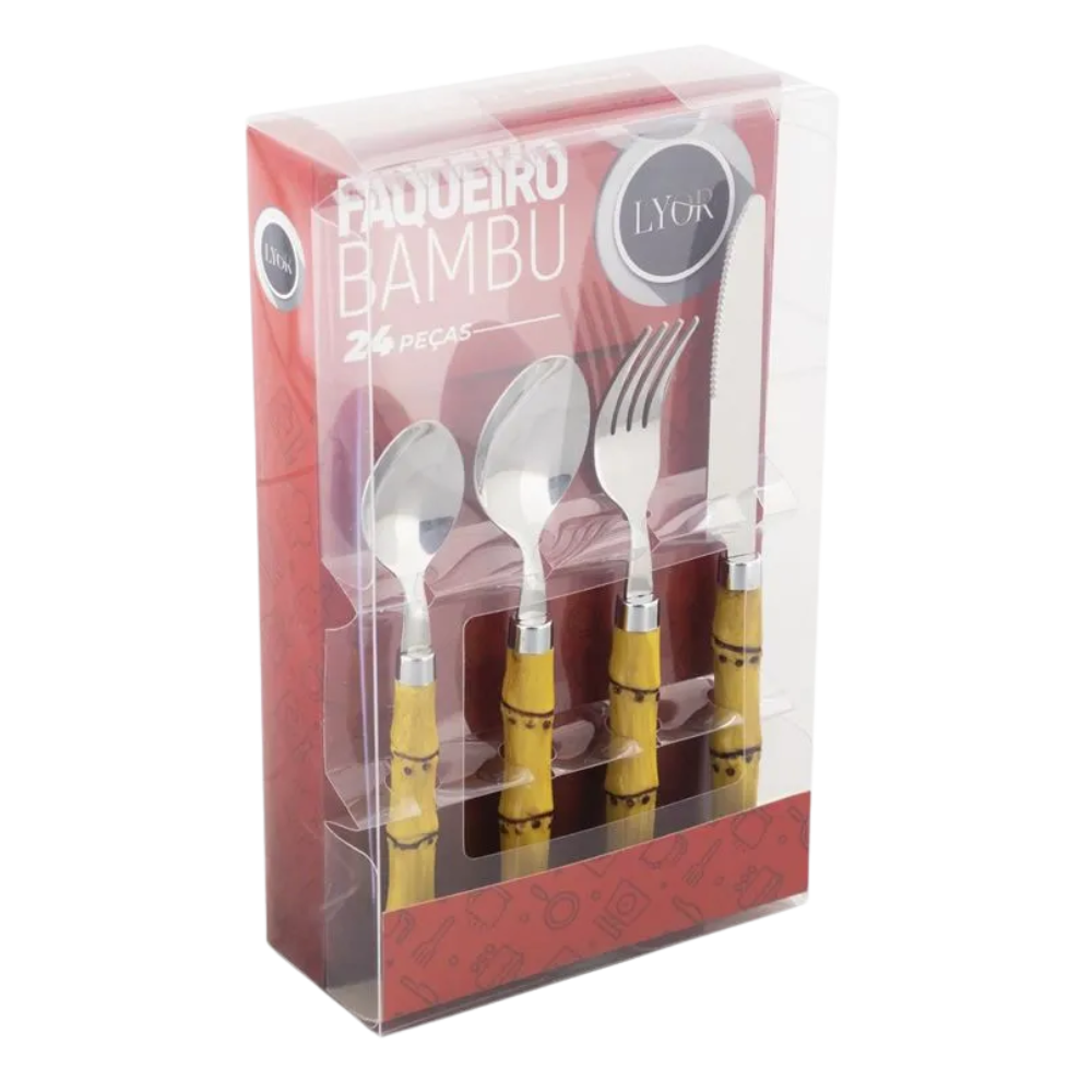 Faqueiro 24 Peças de Aço Inox Com Cabo Bambu Natural Luxo