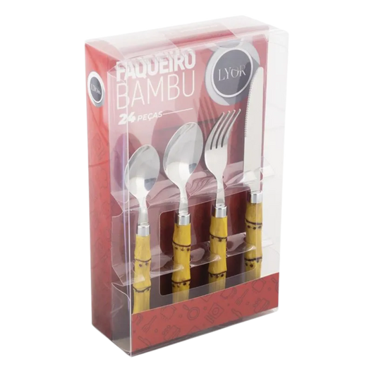 Faqueiro 24 Peças de Aço Inox Com Cabo Bambu Natural Luxo