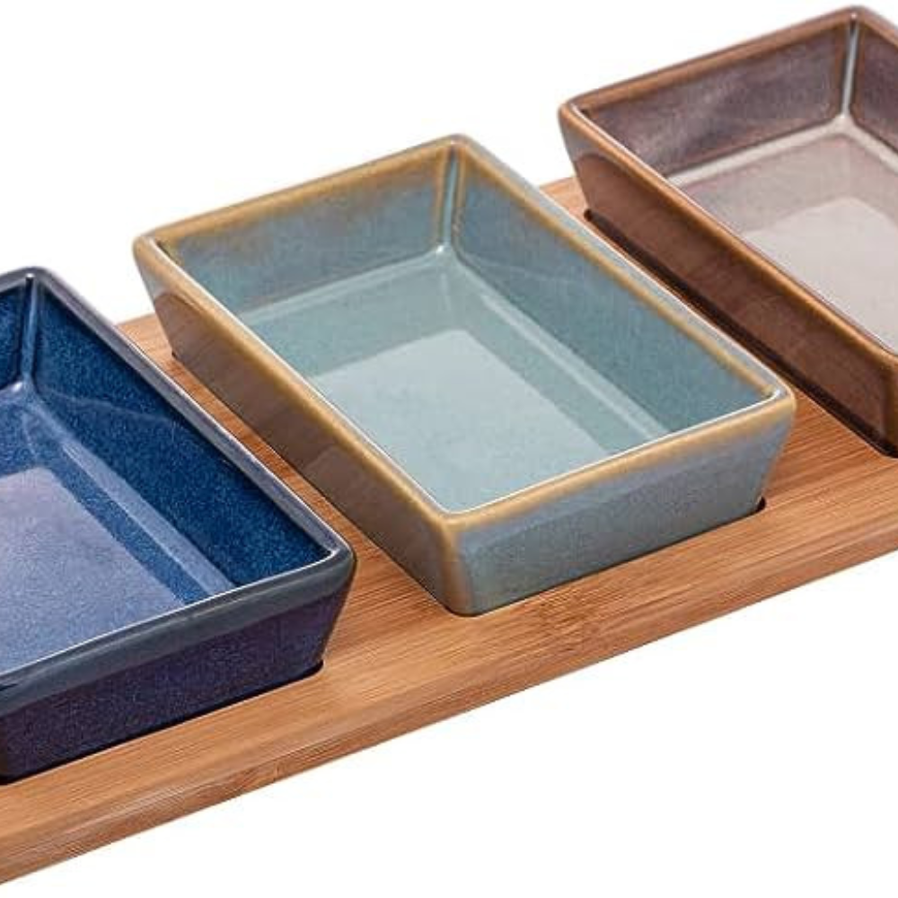 Petisqueiras Quadradas de Cerâmica com Bandeja de Bambu