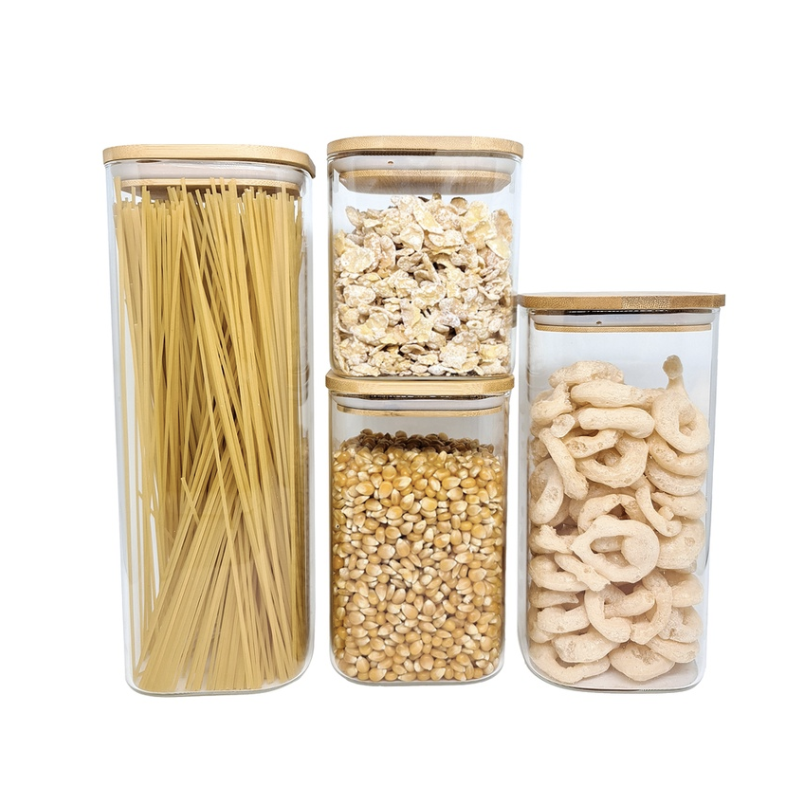 Pote Quadrado de Vidro com Tampa de Bambu 1,9L