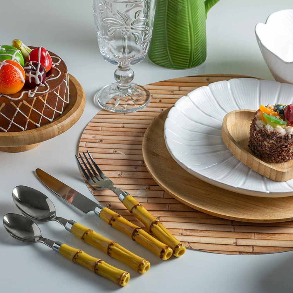 Faqueiro 24 Peças de Aço Inox Com Cabo Bambu Natural Luxo
