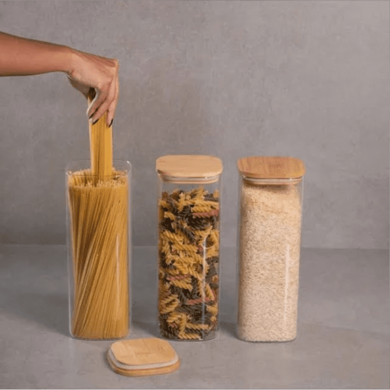 Pote Quadrado de Vidro com Tampa de Bambu 1,9L