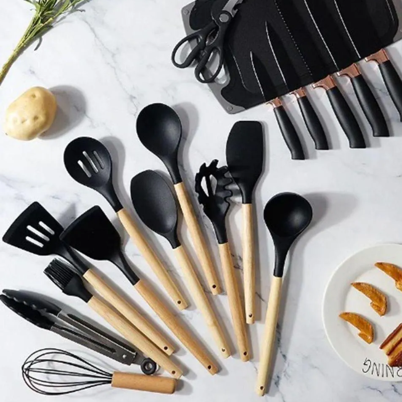 Kit Utensílios de Silicone Preto 12 Peças