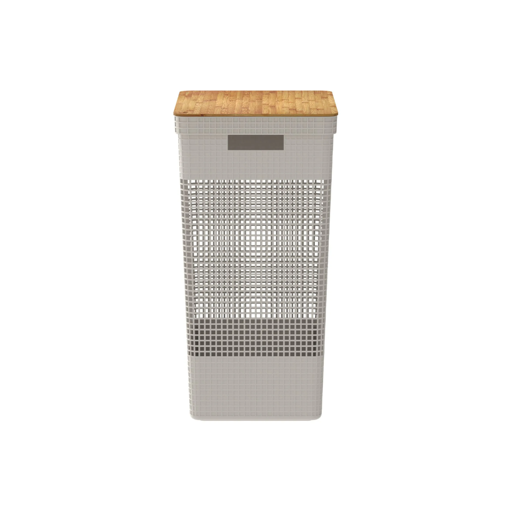 Cesto de Roupas Grid Bege com Tampa de Bambu 49 L