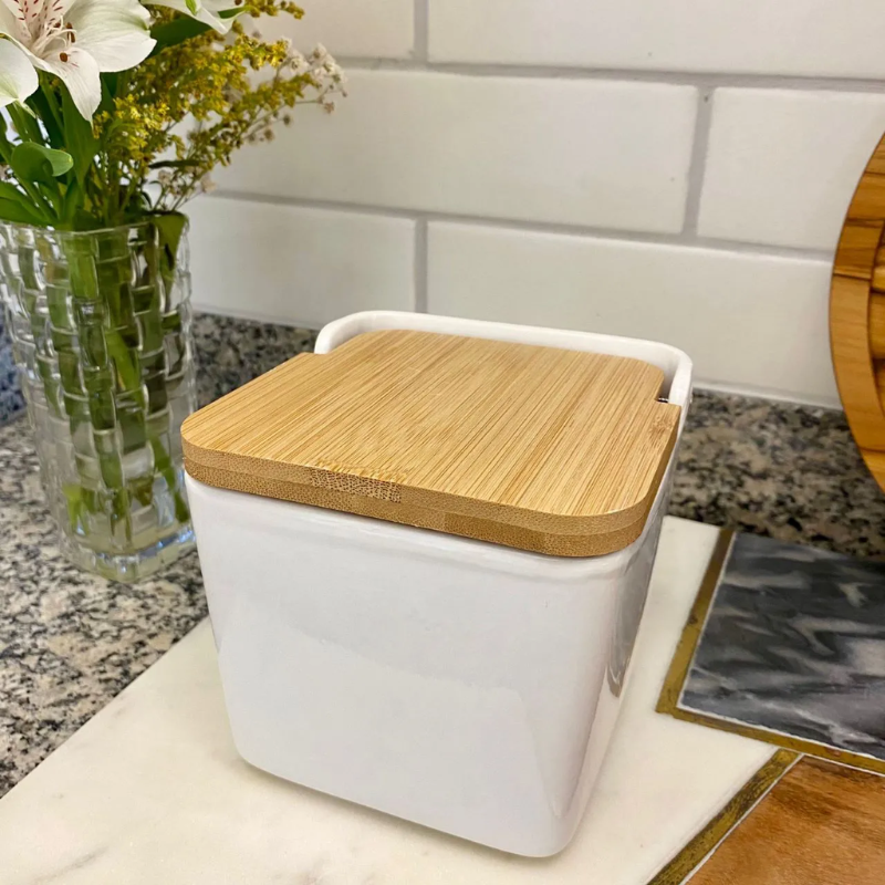 Saleiro de Mesa Cerâmica com Tampa de Bambu 11,5x13cm