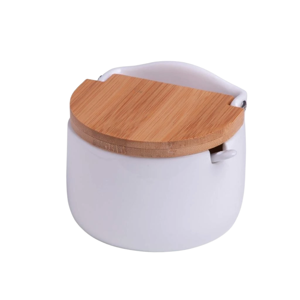 Saleira de Mesa com Tampa de Bambu e Colher