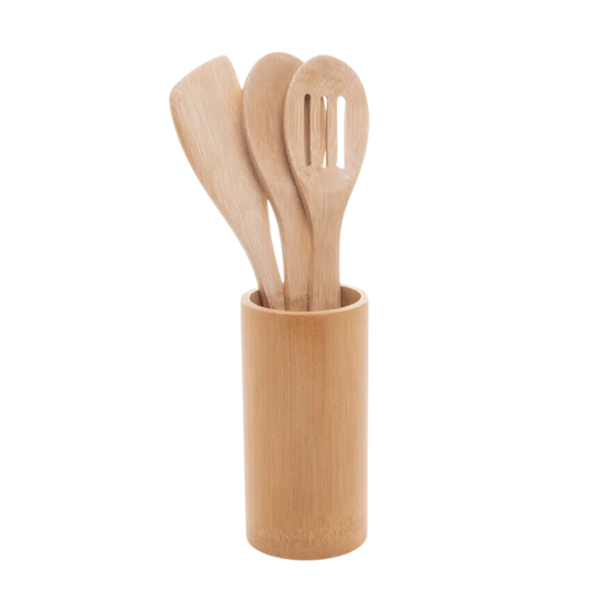 Conjunto 3 Utensílios e Suporte de Bambu