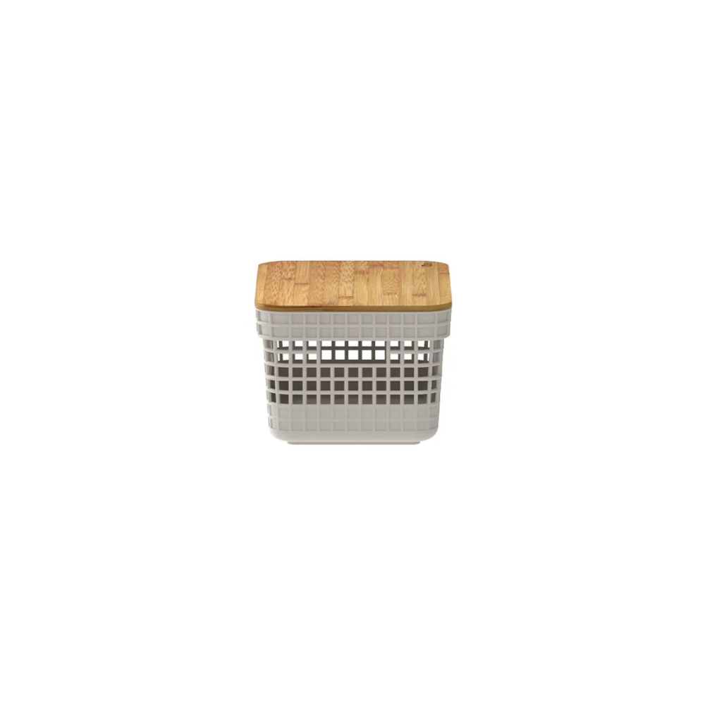Cesto Organizador Grid Bege com Tampa De Bambu 2,5 L
