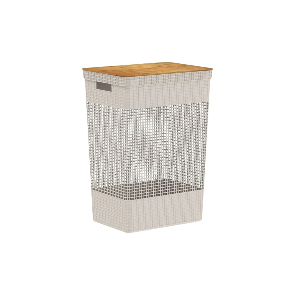 Cesto de Roupas Grid Bege com Tampa de Bambu 49 L