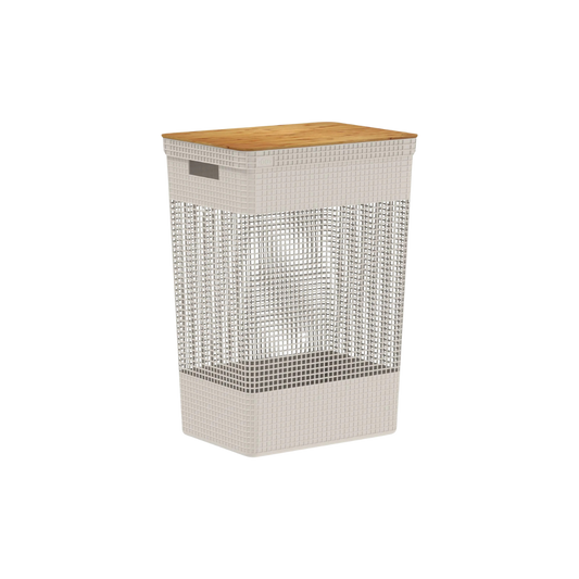 Cesto de Roupas Grid Bege com Tampa de Bambu 49 L