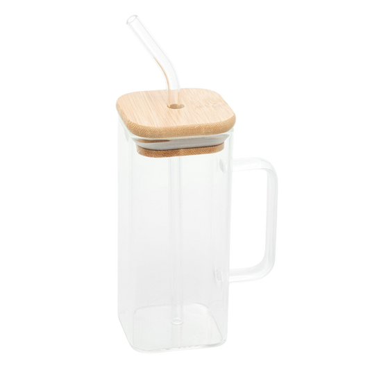 Caneca de Vidro Borossilicato com Canudo e Tampa de Bambu 400ml