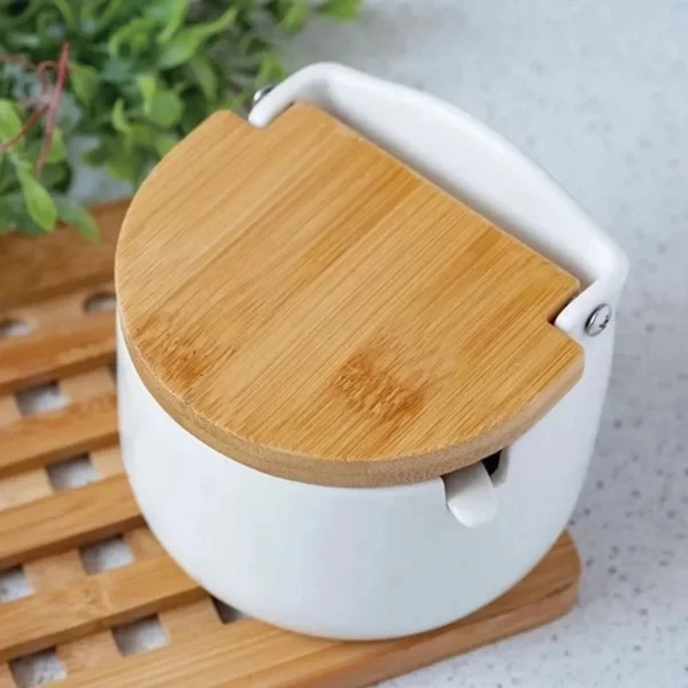 Saleira de Mesa com Tampa de Bambu e Colher