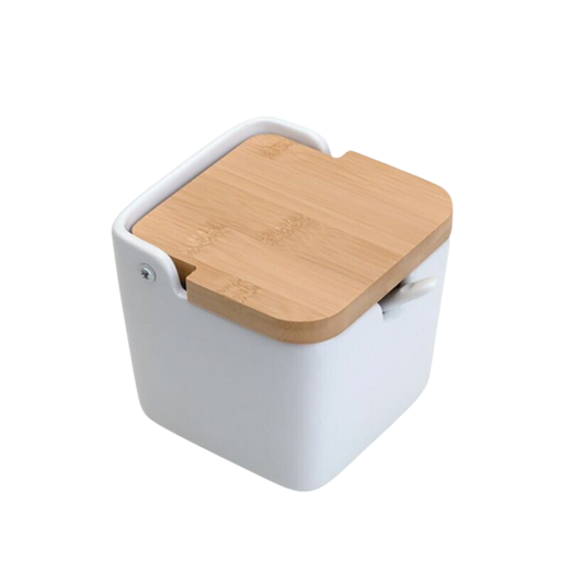 Saleiro de Mesa Cerâmica com Tampa de Bambu e Colher Branca 10x11cm