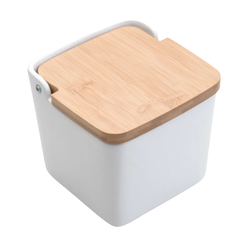 Saleiro de Mesa Cerâmica com Tampa de Bambu 11,5x13cm