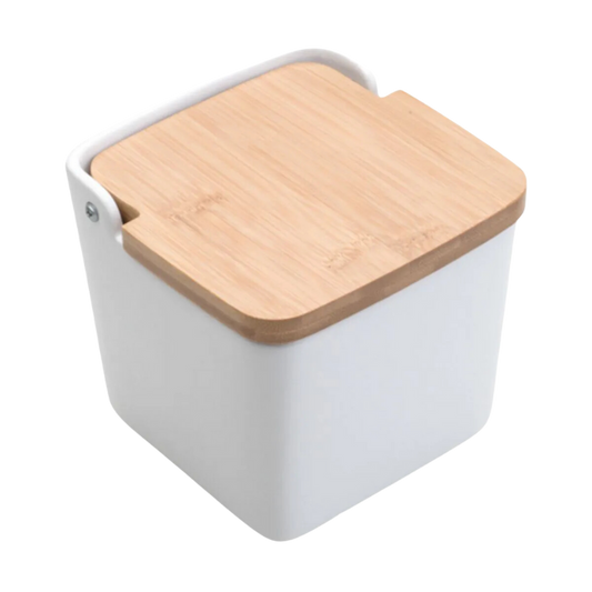 Saleiro de Mesa Cerâmica com Tampa de Bambu 11,5x13cm