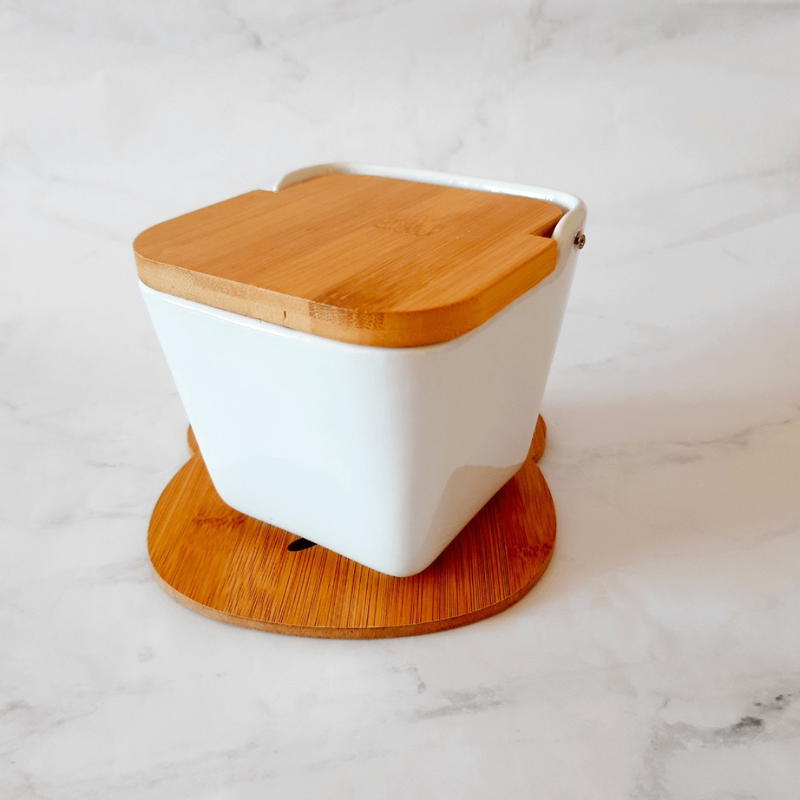 Saleiro de Mesa Cerâmica com Tampa de Bambu 11,5x13cm