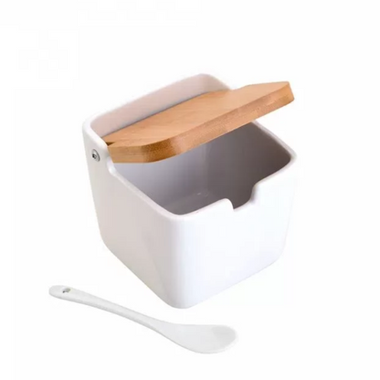 Saleiro de Mesa Cerâmica com Tampa de Bambu e Colher Branca 10x11cm