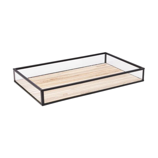 Bandeja de Metal com Vidro Preto com Palha Grande
