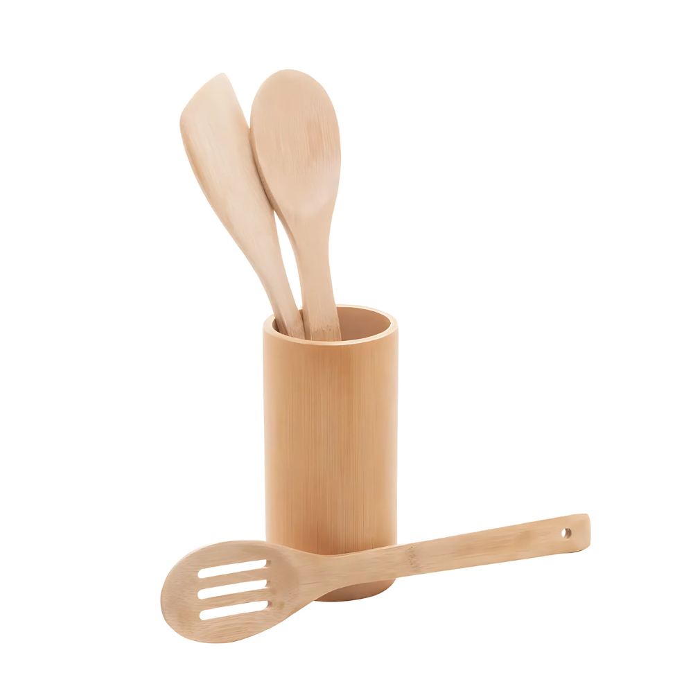 Conjunto 3 Utensílios e Suporte de Bambu