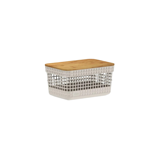 Cesto Organizador Grid Bege com Tampa De Bambu 2,5 L