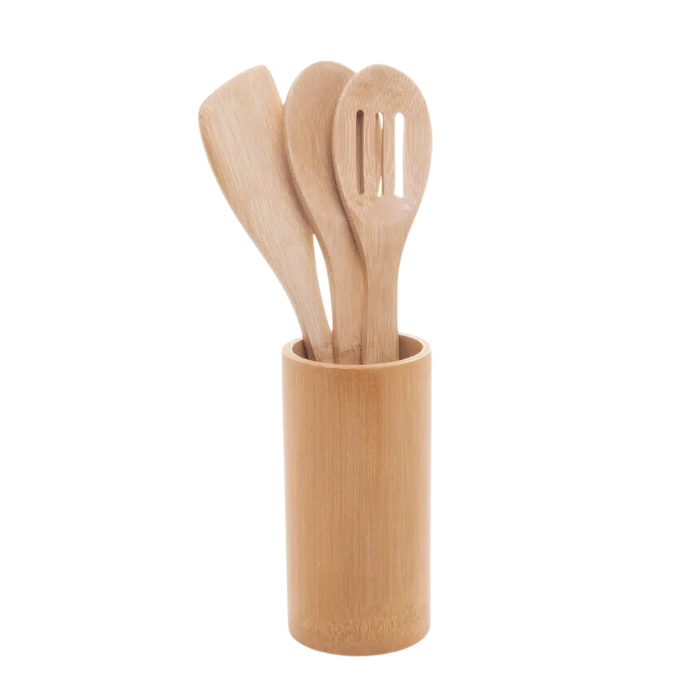 Conjunto 3 Utensílios e Suporte de Bambu
