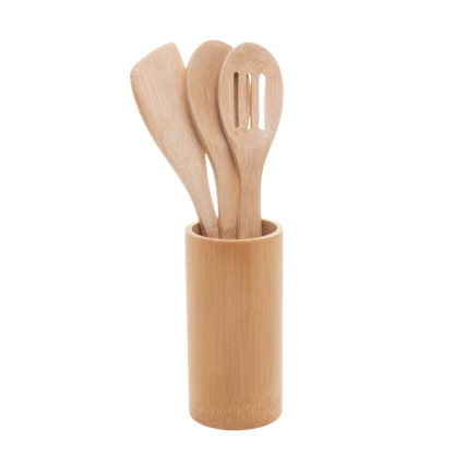 Conjunto 3 Utensílios e Suporte de Bambu